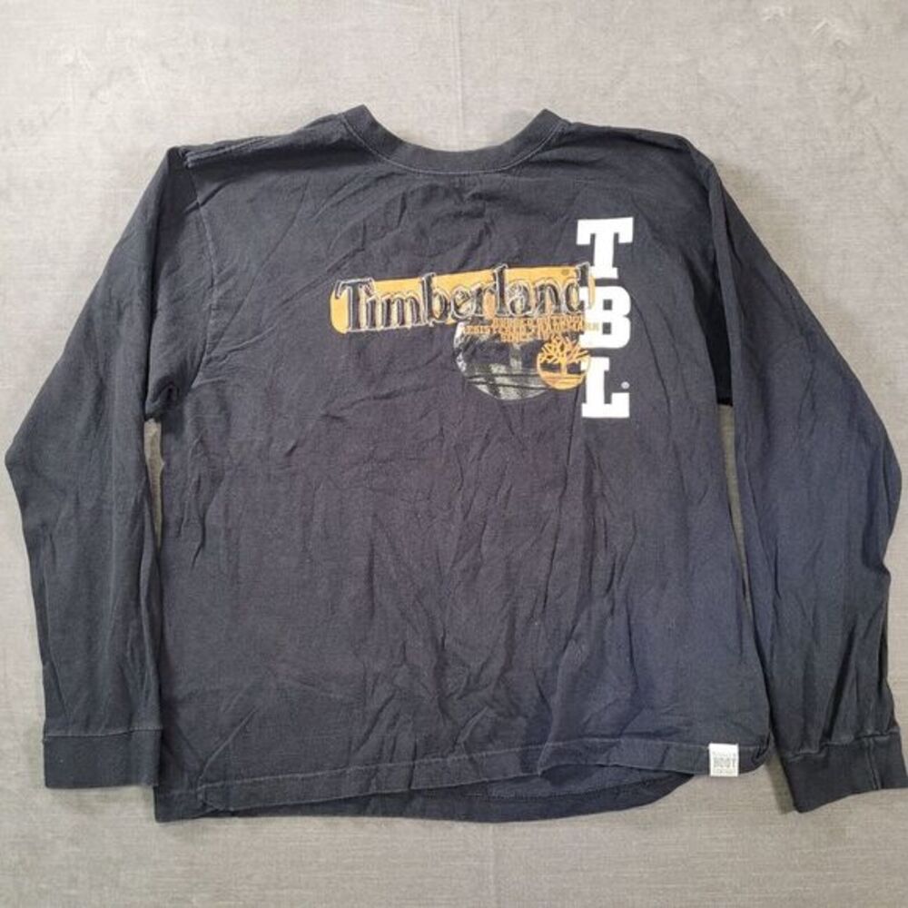 Timberland Y2K Mens Long Sleeve Shirt Graphic Logo Blackโ Vintage Size Large